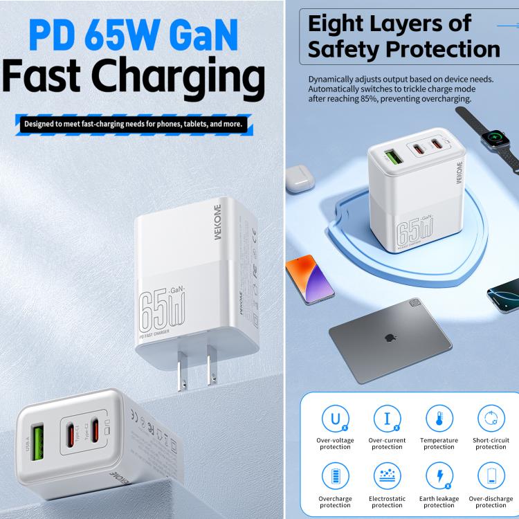 WK WP-U66 Kinkong 65W Dual USB-C / Type-C + USB GaN Schnellladegerät, UK-Stecker, US-Stecker, EU-Stecker