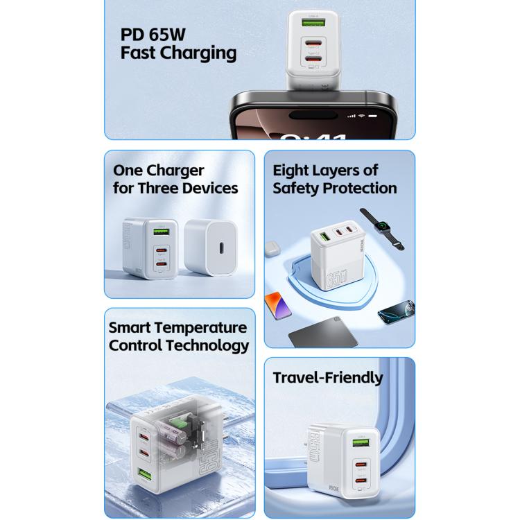 WK WP-U66 Kinkong 65W Dual USB-C / Type-C + USB GaN Schnellladegerät, UK-Stecker, US-Stecker, EU-Stecker