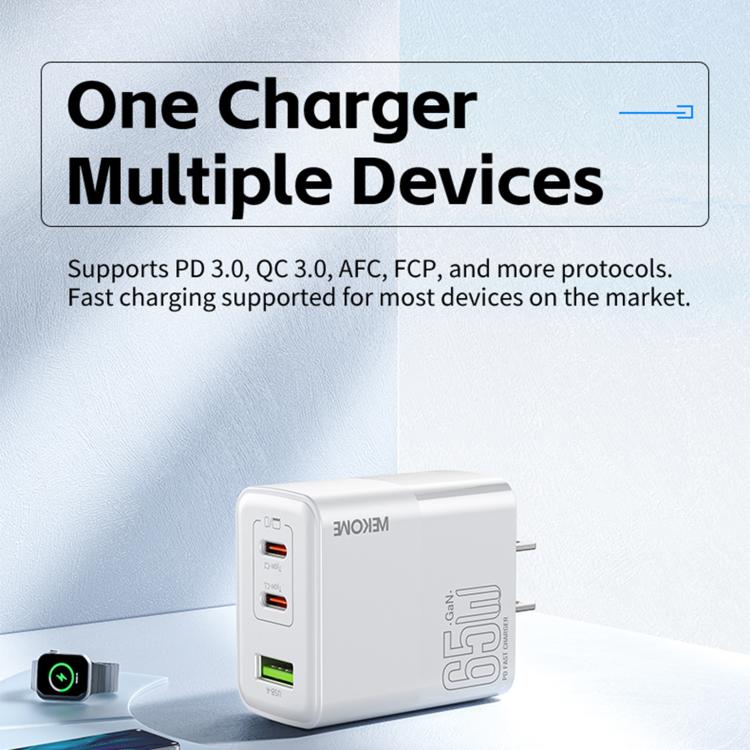 WK WP-U66 Kinkong 65W Dual USB-C / Type-C + USB GaN Schnellladegerät, UK-Stecker, US-Stecker, EU-Stecker