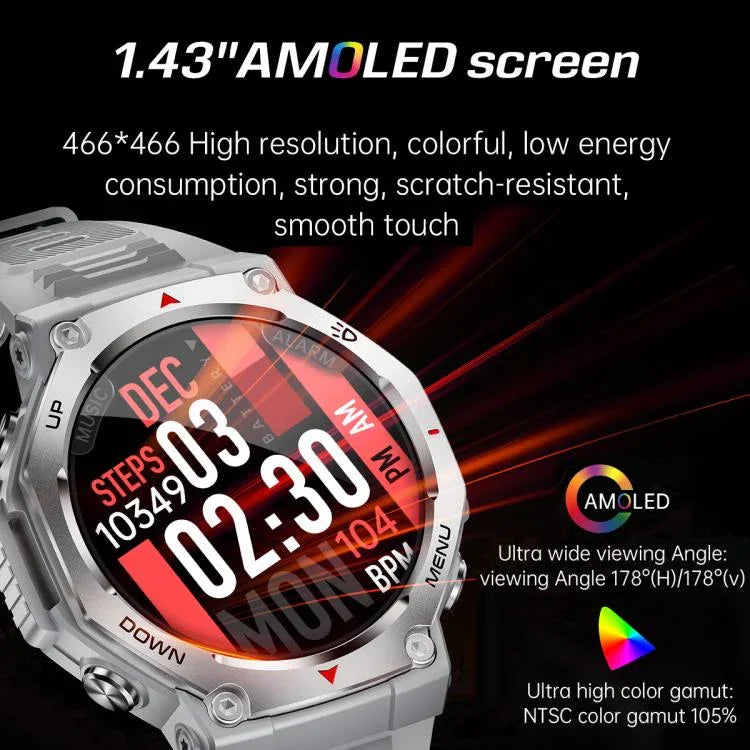 KT85 1,43-Zoll-Bildschirm 5 ATM Outdoor-Sport-Smartwatch mit starker Taschenlampe