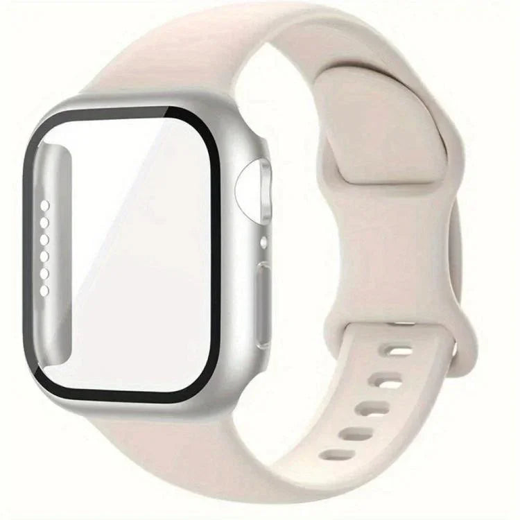 Silikon-Uhrenarmband mit Schmetterlingsverschluss und integrierter PC-Schutzfolie, passend für Apple Watch Series 44 mm, 40 mm, 10/11 (46 mm), 10/11 (42 mm) und 45 mm.