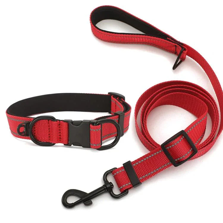 Reflektierendes Hundehalsband aus wasserdichtem Stoff mit schwarzer Schnalle und 1,8 m langer Leine, Größen: S, M und L