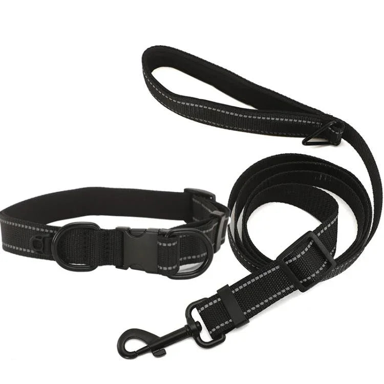 Reflektierendes Hundehalsband aus wasserdichtem Stoff mit schwarzer Schnalle und 1,8 m langer Leine, Größen: S, M und L