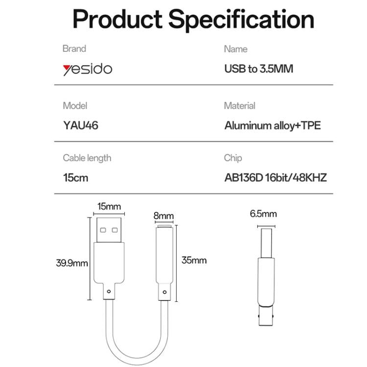 Yesido YAU46 USB-auf-3,5-mm-Audioadapter aus Aluminiumlegierung, YAU46