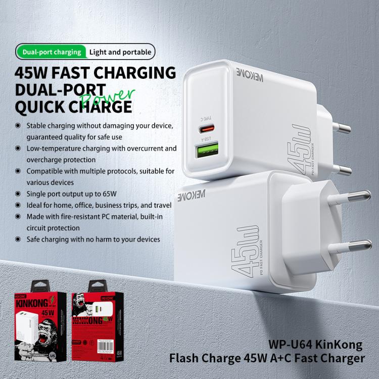 WK WP-U64 45W Kinkong Flash Charge USB+Type-C Port Schnellladegerät, EU-Stecker, UK-Stecker, US-Stecker