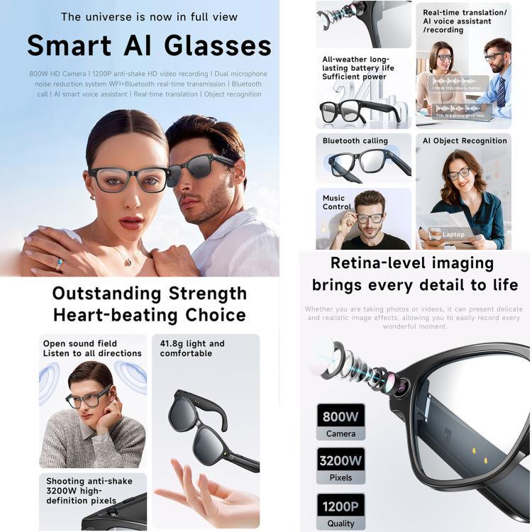 L801 Smart Glasses mit 8-MP-HD-Kamera, Videoaufzeichnung, WLAN-Übertragung, KI-Sprachassistent und smartem Wearable-Headset