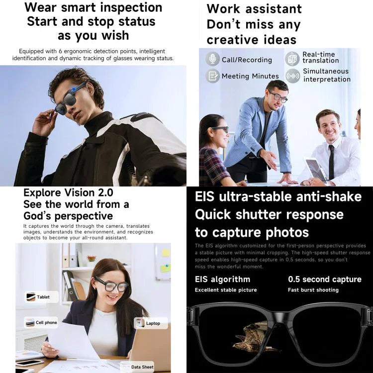 L801 Smart Glasses mit 8-MP-HD-Kamera, Videoaufzeichnung, WLAN-Übertragung, KI-Sprachassistent und smartem Wearable-Headset
