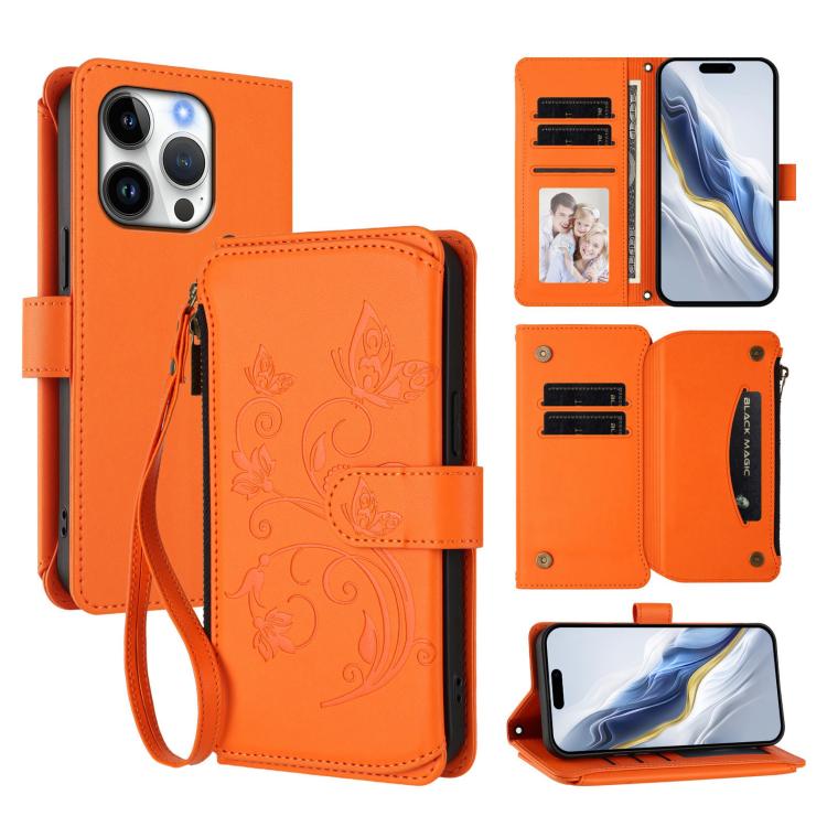 Butterfly Love Flower Multi-card Zipper Wallet Leather Phone Case, For iPhone 17e / 16e, For iPhone 17 Pro Max, For iPhone 17 Pro, For iPhone 17, For iPhone Air, For iPhone 16 Pro Max