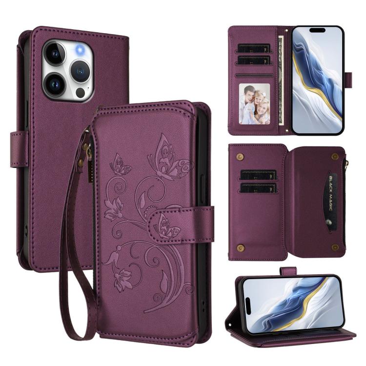 Schmetterlings-Liebesblume Mehrfachkarten Reißverschluss Geldbörse Leder-Handyhülle, Für iPhone 16 Pro, Für iPhone 16 Plus, Für iPhone 16, Für iPhone 15 Pro Max, Für iPhone 15 Pro, Für iPhone 15 Plus
