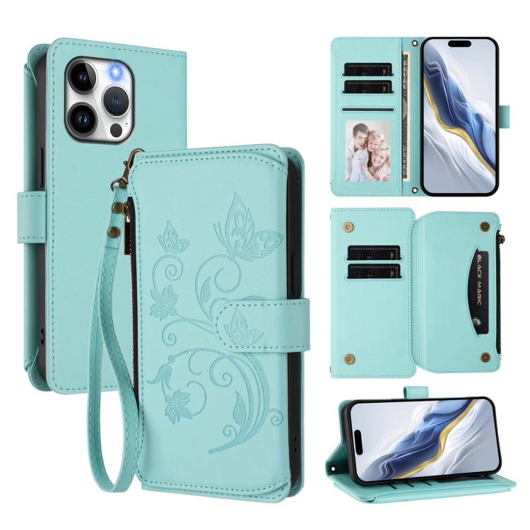 Butterfly Love Flower Multi-card Zipper Wallet Leather Phone Case, For iPhone 13 Pro Max, For iPhone 13 Pro, For iPhone 13 mini, For iPhone 12 / 12 Pro, For iPhone 12 Pro Max, For iPhone 12 mini