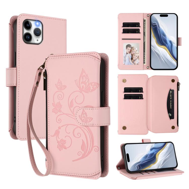Schmetterlings-Liebesblumen Multi-Karten Reißverschluss-Geldbörse Leder-Handyhülle, Für iPhone 11 Pro Max, Für iPhone 11, Für iPhone 11 Pro, Für iPhone X / XS, Für iPhone XR, Für iPhone XS Max