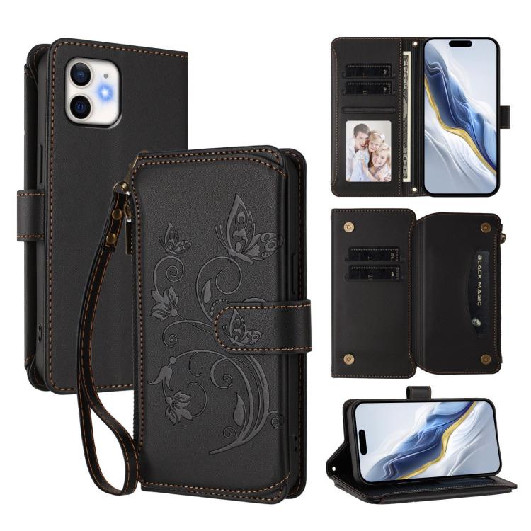 Schmetterlings-Liebesblumen Multi-Karten Reißverschluss-Geldbörse Leder-Handyhülle, Für iPhone 11 Pro Max, Für iPhone 11, Für iPhone 11 Pro, Für iPhone X / XS, Für iPhone XR, Für iPhone XS Max
