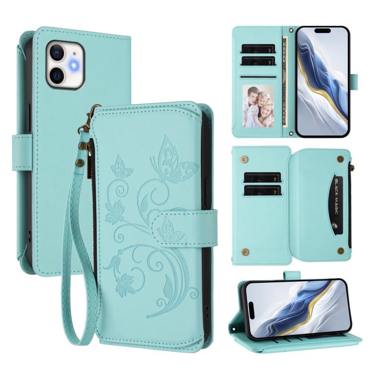 Schmetterlings-Liebesblumen Multi-Karten Reißverschluss-Geldbörse Leder-Handyhülle, Für iPhone 11 Pro Max, Für iPhone 11, Für iPhone 11 Pro, Für iPhone X / XS, Für iPhone XR, Für iPhone XS Max