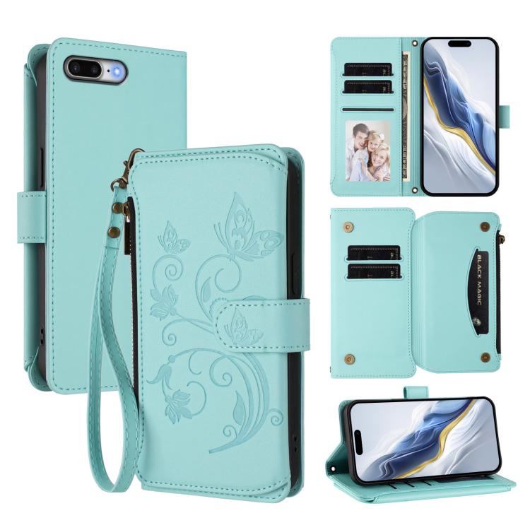 Schmetterlings-Liebesblumen Multi-Karten Reißverschluss-Geldbörse Leder-Handyhülle, Für iPhone 7 Plus / 8 Plus