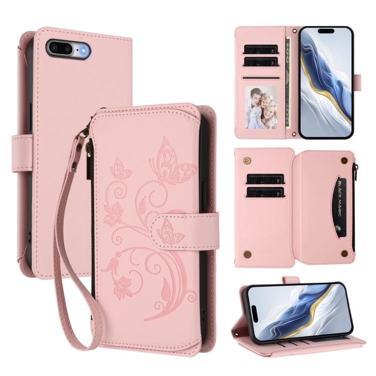 Schmetterlings-Liebesblumen Multi-Karten Reißverschluss-Geldbörse Leder-Handyhülle, Für iPhone 7 Plus / 8 Plus