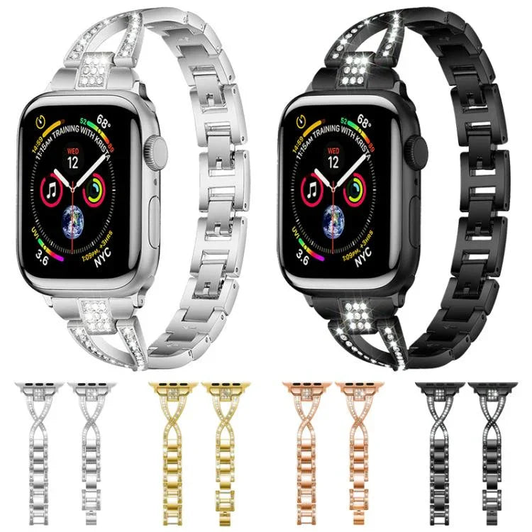 xDfind X-förmiges, einreihiges Metall-Uhrenarmband mit Diamanten, passend für Apple Watch 42 / 44 / 45 / 46 / 49 mm, Apple Watch 38 / 40 / 41 / S10 42 mm