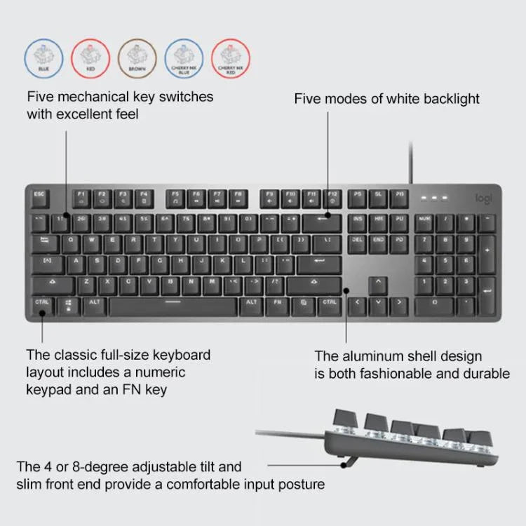 Logitech K845 Mechanische Tastatur mit Hintergrundbeleuchtung, kabelgebunden, Kabellänge: 1,8 m, Longhua Brown Achse, Longhua Red Achse