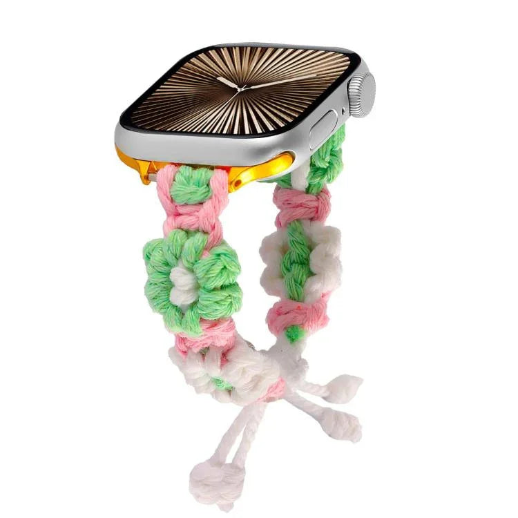 Uhrenarmband mit Hanfseil und gewebten Blumen, Kordelzug, für Apple Watch 46 mm / 49 mm / 45 mm / 44 mm, für Apple Watch 42 mm / 41 mm / 40 mm / 38 mm