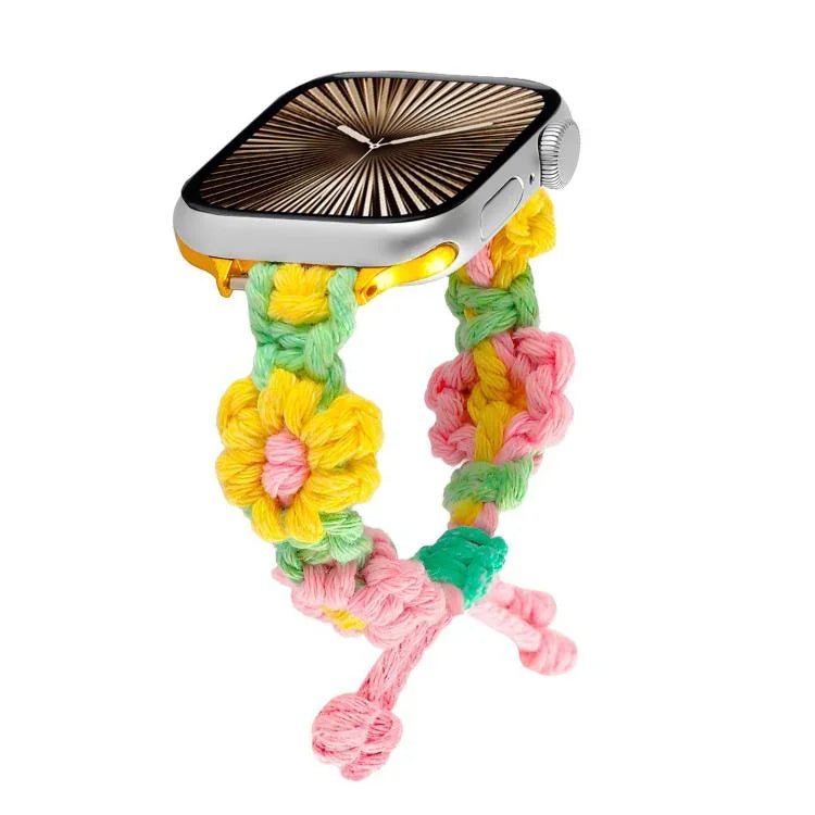 Uhrenarmband mit Hanfseil und gewebten Blumen, Kordelzug, für Apple Watch 46 mm / 49 mm / 45 mm / 44 mm, für Apple Watch 42 mm / 41 mm / 40 mm / 38 mm
