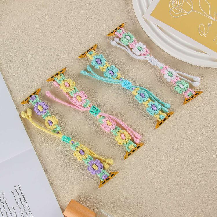 Uhrenarmband mit Hanfseil und gewebten Blumen, Kordelzug, für Apple Watch 46 mm / 49 mm / 45 mm / 44 mm, für Apple Watch 42 mm / 41 mm / 40 mm / 38 mm