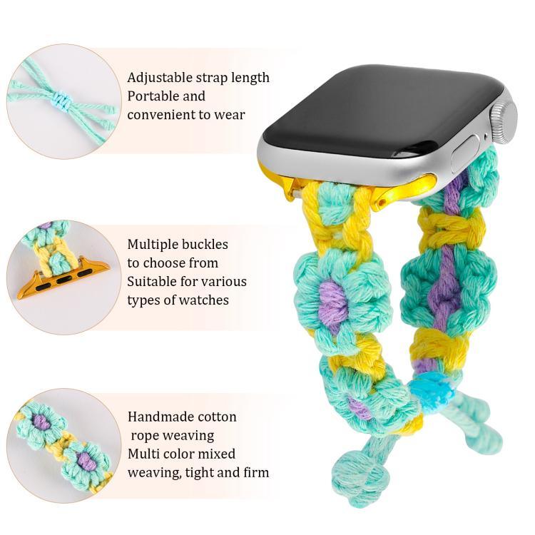 Uhrenarmband mit Hanfseil und gewebten Blumen, Kordelzug, für Apple Watch 46 mm / 49 mm / 45 mm / 44 mm, für Apple Watch 42 mm / 41 mm / 40 mm / 38 mm