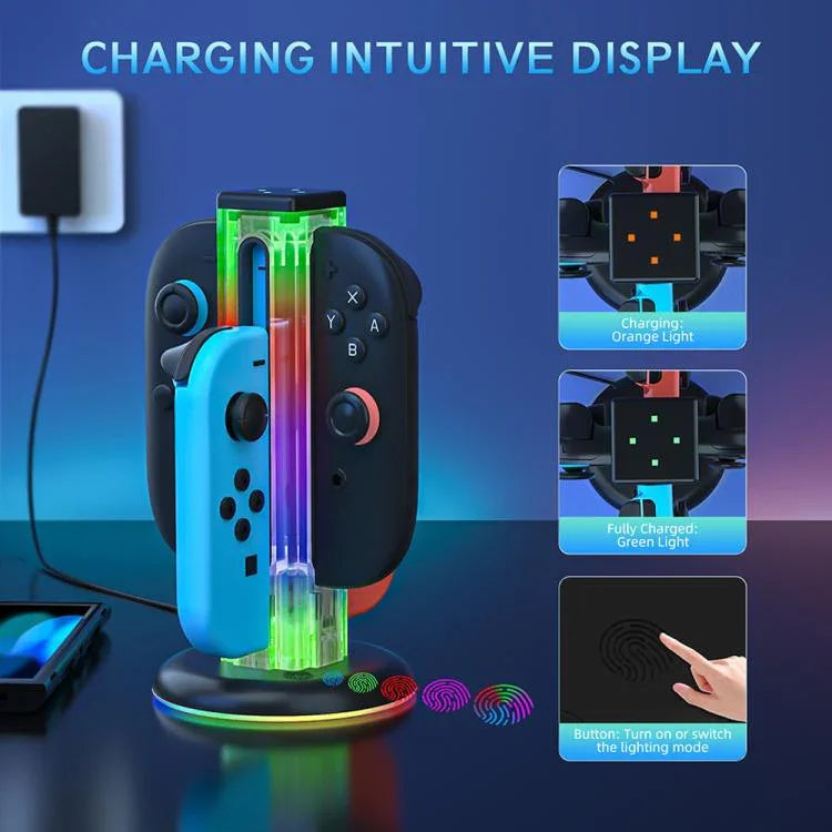 JYS NS2318 4-in-1 Gamecontroller-Ladestation mit RGB-Licht, für Nintendo Switch 1 / 2, JYS-NS2318