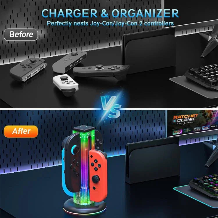JYS NS2318 4-in-1 Gamecontroller-Ladestation mit RGB-Licht, für Nintendo Switch 1 / 2, JYS-NS2318