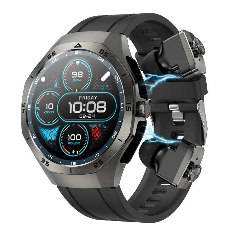F38 Dual-Ear Bluetooth-Kopfhörer Smartwatch IP67 Unterstützt Herzfrequenzmessung, Silikon, Leder, Stahl