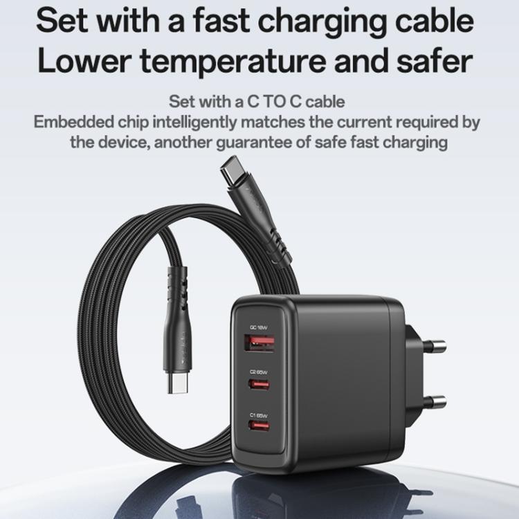 Yesido YC144C 65W Drei-Port-Schnellladegerät mit 1m Typ-C-Kabel, YC144C