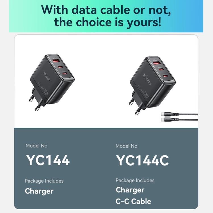 Yesido YC144C 65W Drei-Port-Schnellladegerät mit 1m Typ-C-Kabel, YC144C