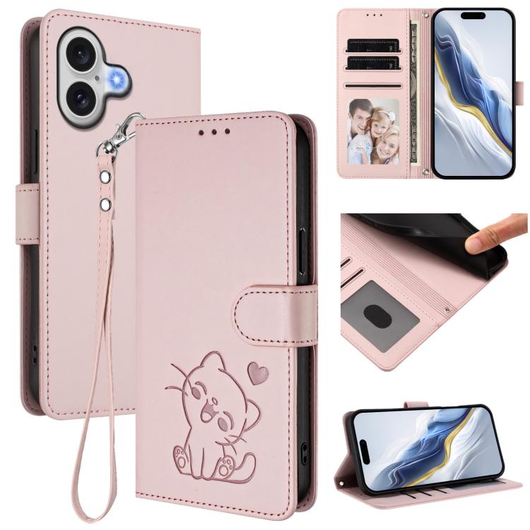 Embossed Heart Cat Leather Phone Case with Hand Strap, For iPhone 17e / 16e, For iPhone 17 Pro Max, For iPhone 17 Pro, For iPhone 17