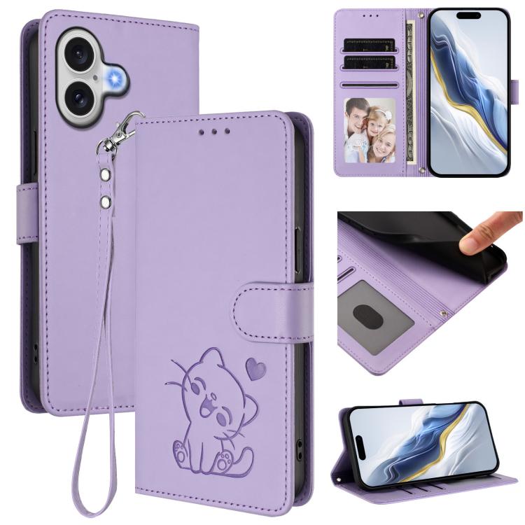 Embossed Heart Cat Leather Phone Case with Hand Strap, For iPhone 17e / 16e, For iPhone 17 Pro Max, For iPhone 17 Pro, For iPhone 17
