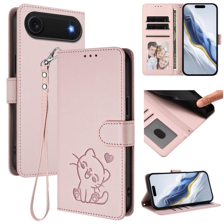 Geprägte Herz Katze Handyhülle aus Leder mit Handschlaufe, für iPhone Air, für iPhone 16 Pro Max, für iPhone 16 Pro, für iPhone 16 Plus