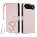Geprägte Herz Katze Handyhülle aus Leder mit Handschlaufe, für iPhone Air, für iPhone 16 Pro Max, für iPhone 16 Pro, für iPhone 16 Plus