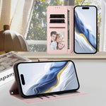 Geprägte Herz Katze Handyhülle aus Leder mit Handschlaufe, für iPhone Air, für iPhone 16 Pro Max, für iPhone 16 Pro, für iPhone 16 Plus
