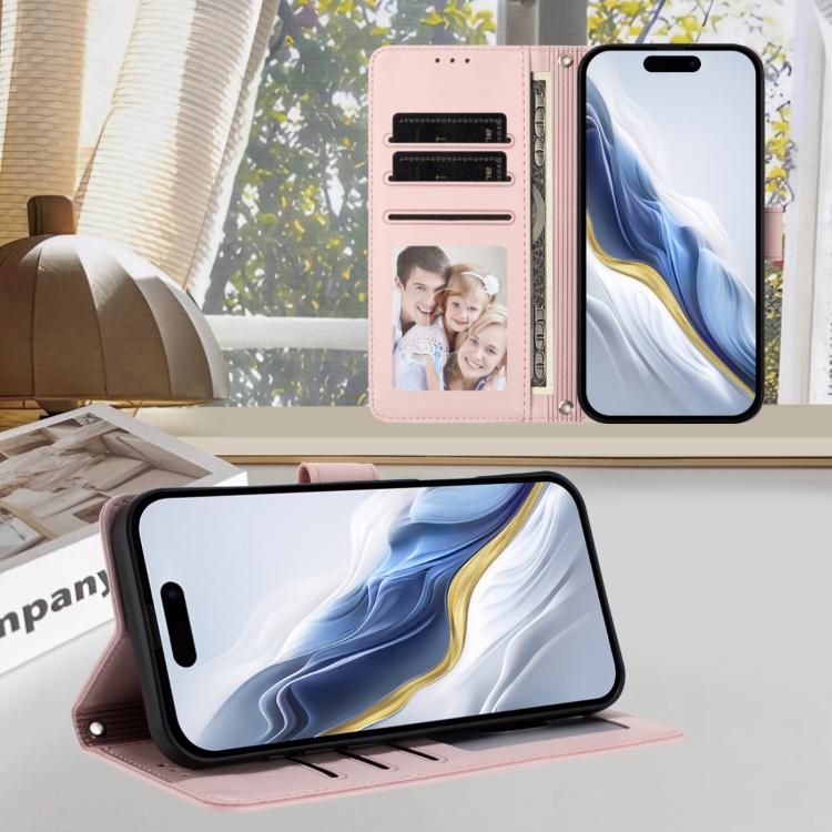 Geprägte Herz Katze Handyhülle aus Leder mit Handschlaufe, für iPhone Air, für iPhone 16 Pro Max, für iPhone 16 Pro, für iPhone 16 Plus
