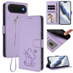 Geprägte Herz Katze Handyhülle aus Leder mit Handschlaufe, für iPhone Air, für iPhone 16 Pro Max, für iPhone 16 Pro, für iPhone 16 Plus