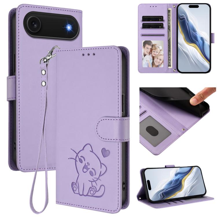 Geprägte Herz Katze Handyhülle aus Leder mit Handschlaufe, für iPhone Air, für iPhone 16 Pro Max, für iPhone 16 Pro, für iPhone 16 Plus