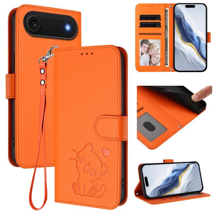 Geprägte Herz Katze Handyhülle aus Leder mit Handschlaufe, für iPhone Air, für iPhone 16 Pro Max, für iPhone 16 Pro, für iPhone 16 Plus