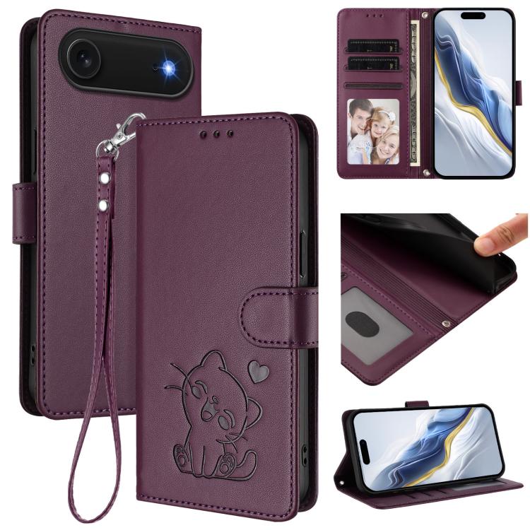 Geprägte Herz Katze Handyhülle aus Leder mit Handschlaufe, für iPhone Air, für iPhone 16 Pro Max, für iPhone 16 Pro, für iPhone 16 Plus