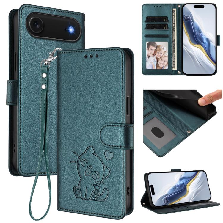 Geprägte Herz Katze Handyhülle aus Leder mit Handschlaufe, für iPhone Air, für iPhone 16 Pro Max, für iPhone 16 Pro, für iPhone 16 Plus