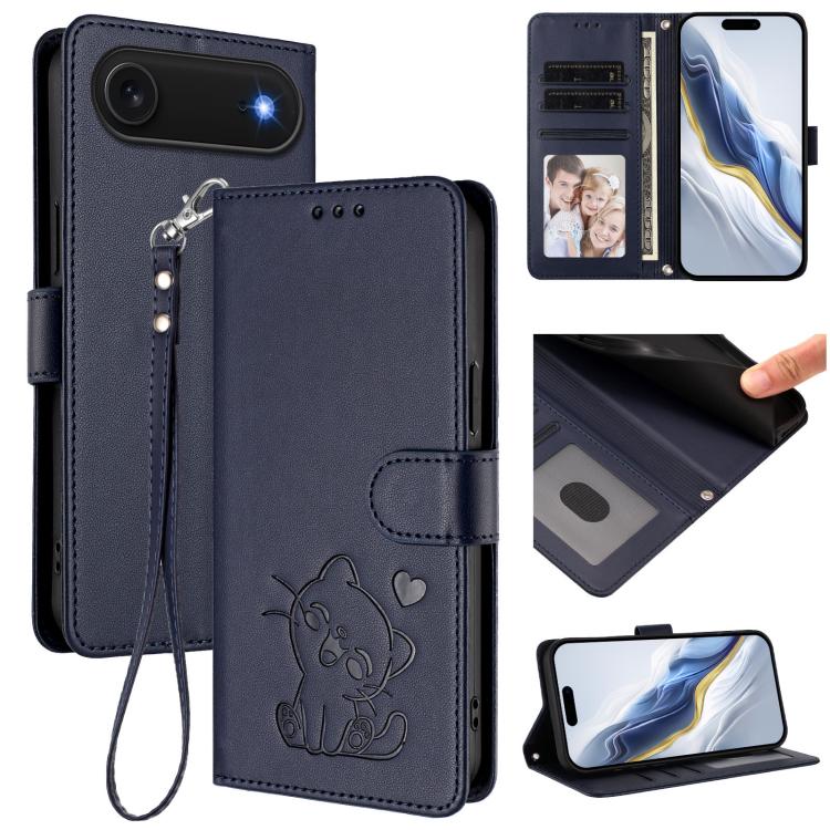 Geprägte Herz Katze Handyhülle aus Leder mit Handschlaufe, für iPhone Air, für iPhone 16 Pro Max, für iPhone 16 Pro, für iPhone 16 Plus
