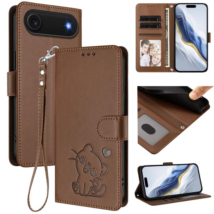 Geprägte Herz Katze Handyhülle aus Leder mit Handschlaufe, für iPhone Air, für iPhone 16 Pro Max, für iPhone 16 Pro, für iPhone 16 Plus