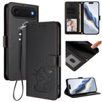 Geprägte Herz Katze Handyhülle aus Leder mit Handschlaufe, für iPhone Air, für iPhone 16 Pro Max, für iPhone 16 Pro, für iPhone 16 Plus