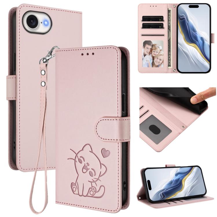 Handyhülle aus Leder mit geprägtem Herz und Katzenmotiv, mit Handschlaufe, für iPhone 17e / 16e, für iPhone 17 Pro Max, für iPhone 17 Pro, für iPhone 17
