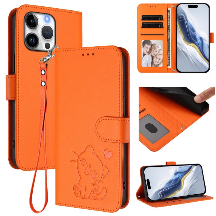 Geprägte Herz Katze Handyhülle aus Leder mit Handschlaufe, für iPhone Air, für iPhone 16 Pro Max, für iPhone 16 Pro, für iPhone 16 Plus