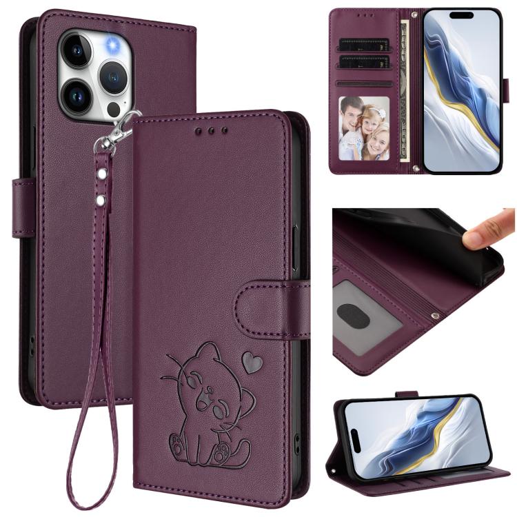 Geprägte Herz Katze Handyhülle aus Leder mit Handschlaufe, für iPhone Air, für iPhone 16 Pro Max, für iPhone 16 Pro, für iPhone 16 Plus