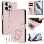 Geprägte Herz Katze Handyhülle aus Leder mit Handschlaufe, für iPhone Air, für iPhone 16 Pro Max, für iPhone 16 Pro, für iPhone 16 Plus