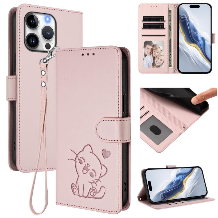Geprägte Herz Katze Handyhülle aus Leder mit Handschlaufe, für iPhone Air, für iPhone 16 Pro Max, für iPhone 16 Pro, für iPhone 16 Plus