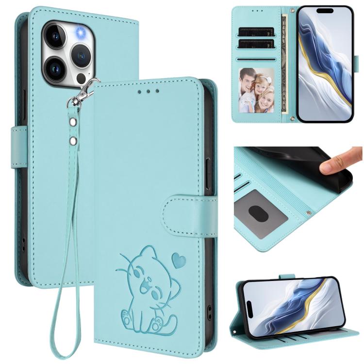 Geprägte Herz Katze Handyhülle aus Leder mit Handschlaufe, für iPhone Air, für iPhone 16 Pro Max, für iPhone 16 Pro, für iPhone 16 Plus
